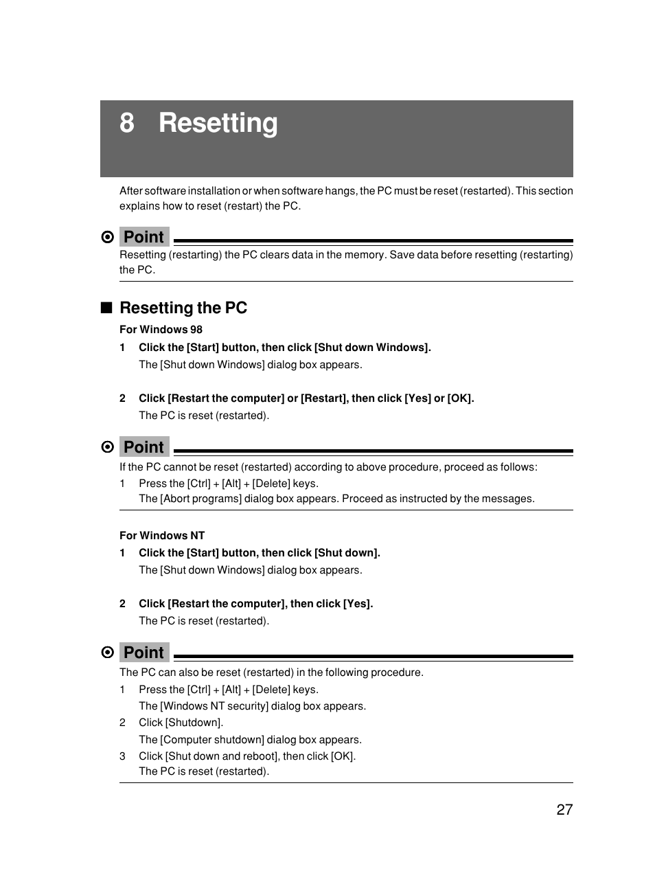 8 resetting, Point, Resetting the pc | FUJITSU DESKPOWER 6000/SS User Manual | Page 37 / 79