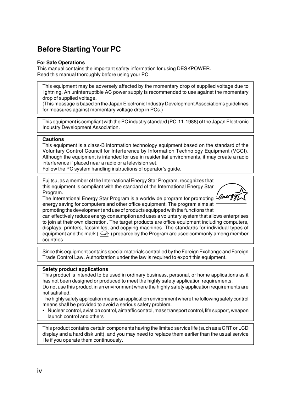 Before starting your pc | FUJITSU DESKPOWER 6000/SS User Manual | Page 4 / 79
