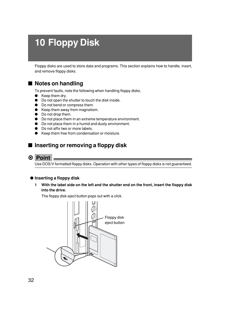10 floppy disk, Inserting or removing a floppy disk point | FUJITSU DESKPOWER 6000/SS User Manual | Page 42 / 79