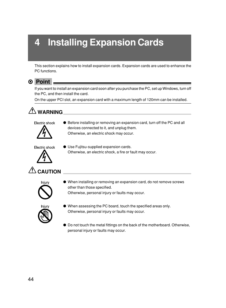 4 installing expansion cards, Point, Warning | Caution | FUJITSU DESKPOWER 6000/SS User Manual | Page 54 / 79