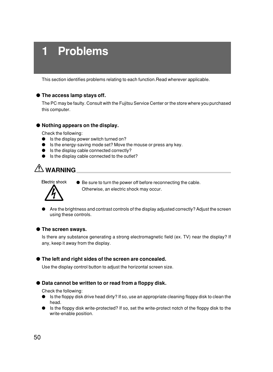 1 problems, Warning | FUJITSU DESKPOWER 6000/SS User Manual | Page 59 / 79