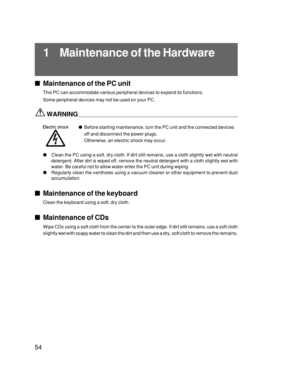 1 maintenance of the hardware, Maintenance of the pc unit, Maintenance of the keyboard | Maintenance of cds | FUJITSU DESKPOWER 6000/SS User Manual | Page 63 / 79