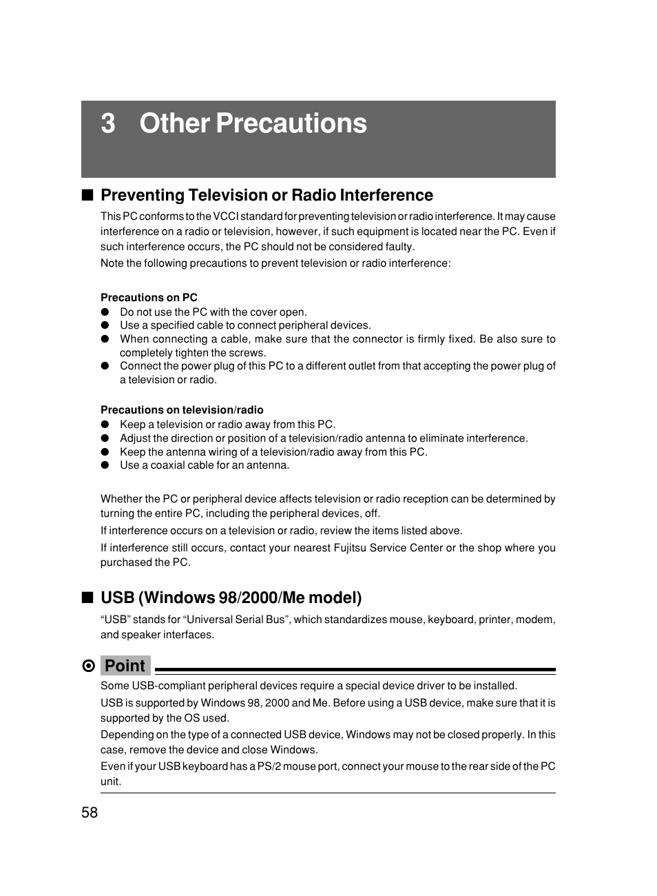 3 other precautions, Preventing television or radio interference, Point | FUJITSU DESKPOWER 6000/SS User Manual | Page 67 / 79