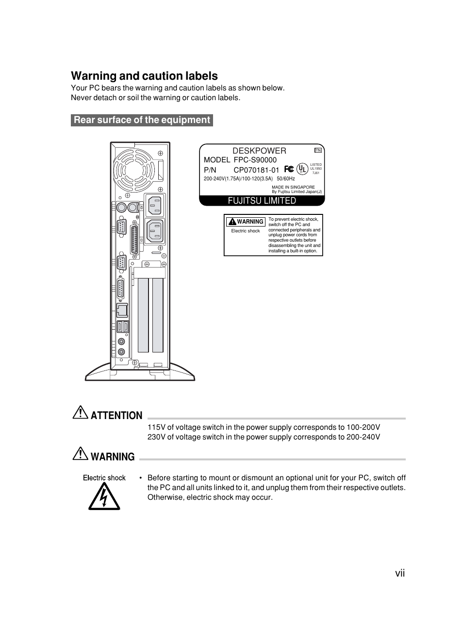 Warning and caution labels, Attention, Warning | Rear surface of the equipment, Fujitsu limited | FUJITSU DESKPOWER 6000/SS User Manual | Page 7 / 79