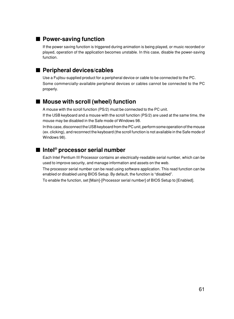 Power-saving function, Peripheral devices/cables, Mouse with scroll (wheel) function | Intel, Processor serial number | FUJITSU DESKPOWER 6000/SS User Manual | Page 70 / 79