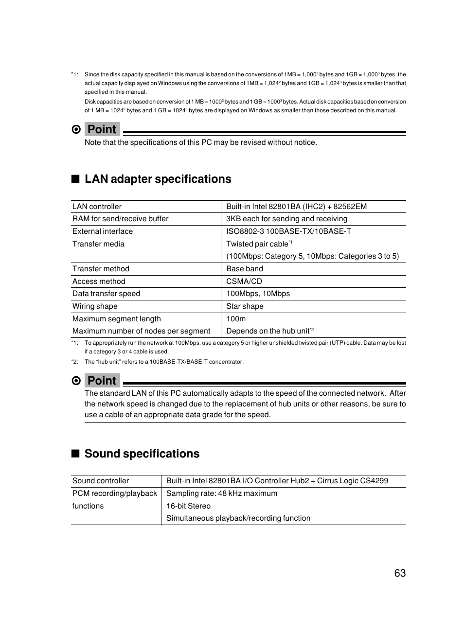 Lan adapter specifications, Point, Sound specifications | FUJITSU DESKPOWER 6000/SS User Manual | Page 72 / 79