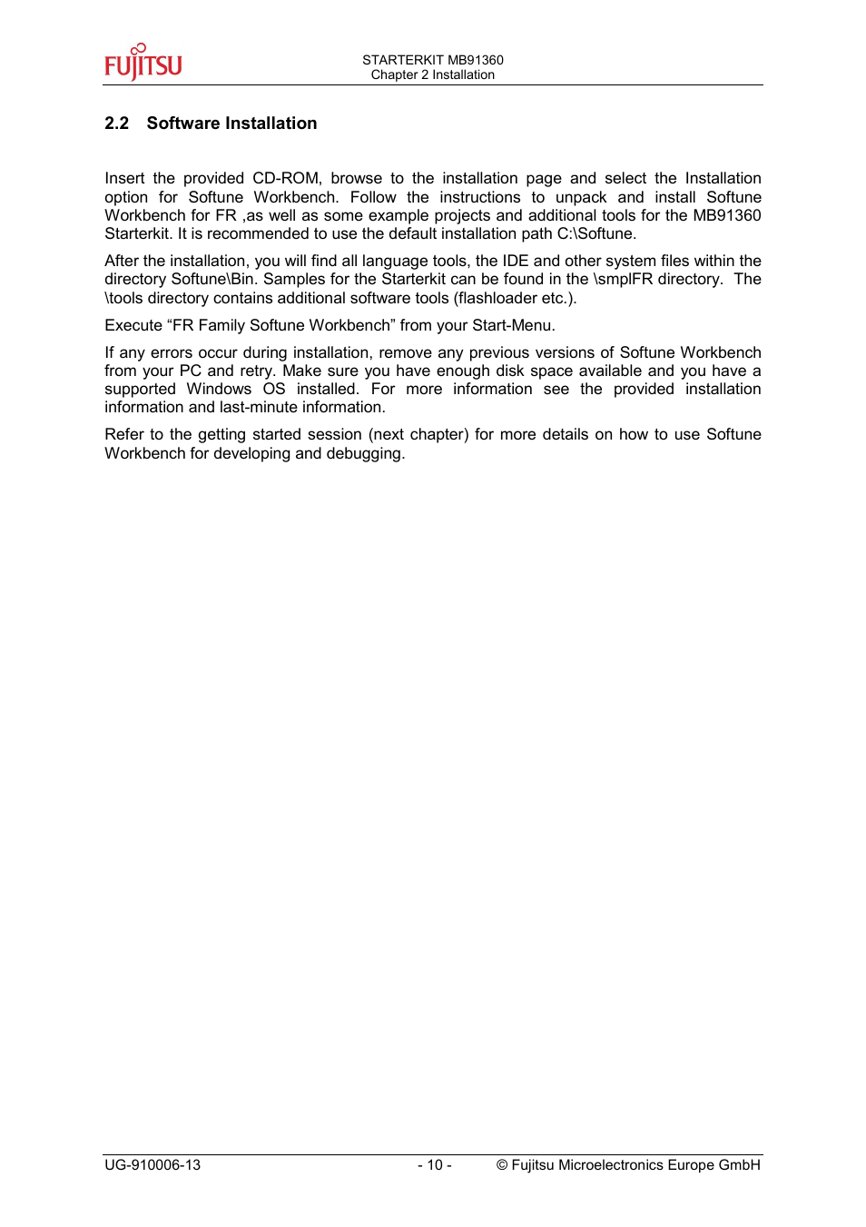 Software installation | FUJITSU MB91360 User Manual | Page 10 / 43