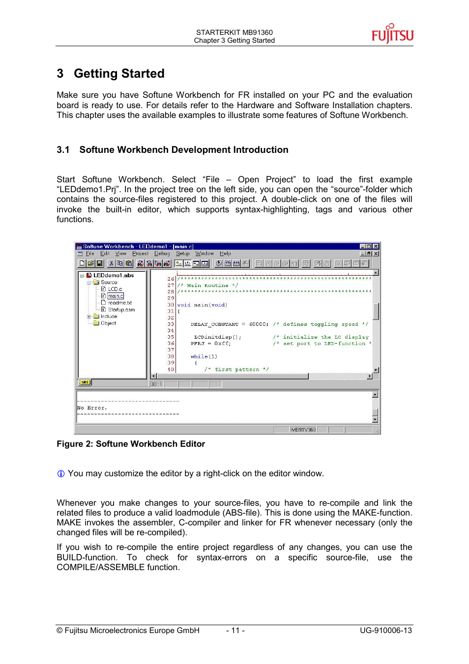 Getting started, Softune workbench development introduction, 3 getting started | FUJITSU MB91360 User Manual | Page 11 / 43