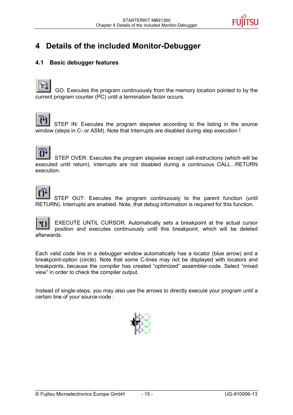 Details of the included monitor-debugger, Basic debugger features, 4 details of the included monitor-debugger | FUJITSU MB91360 User Manual | Page 15 / 43