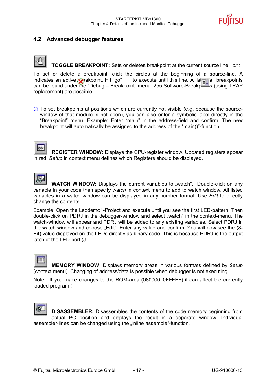 Advanced debugger features | FUJITSU MB91360 User Manual | Page 17 / 43
