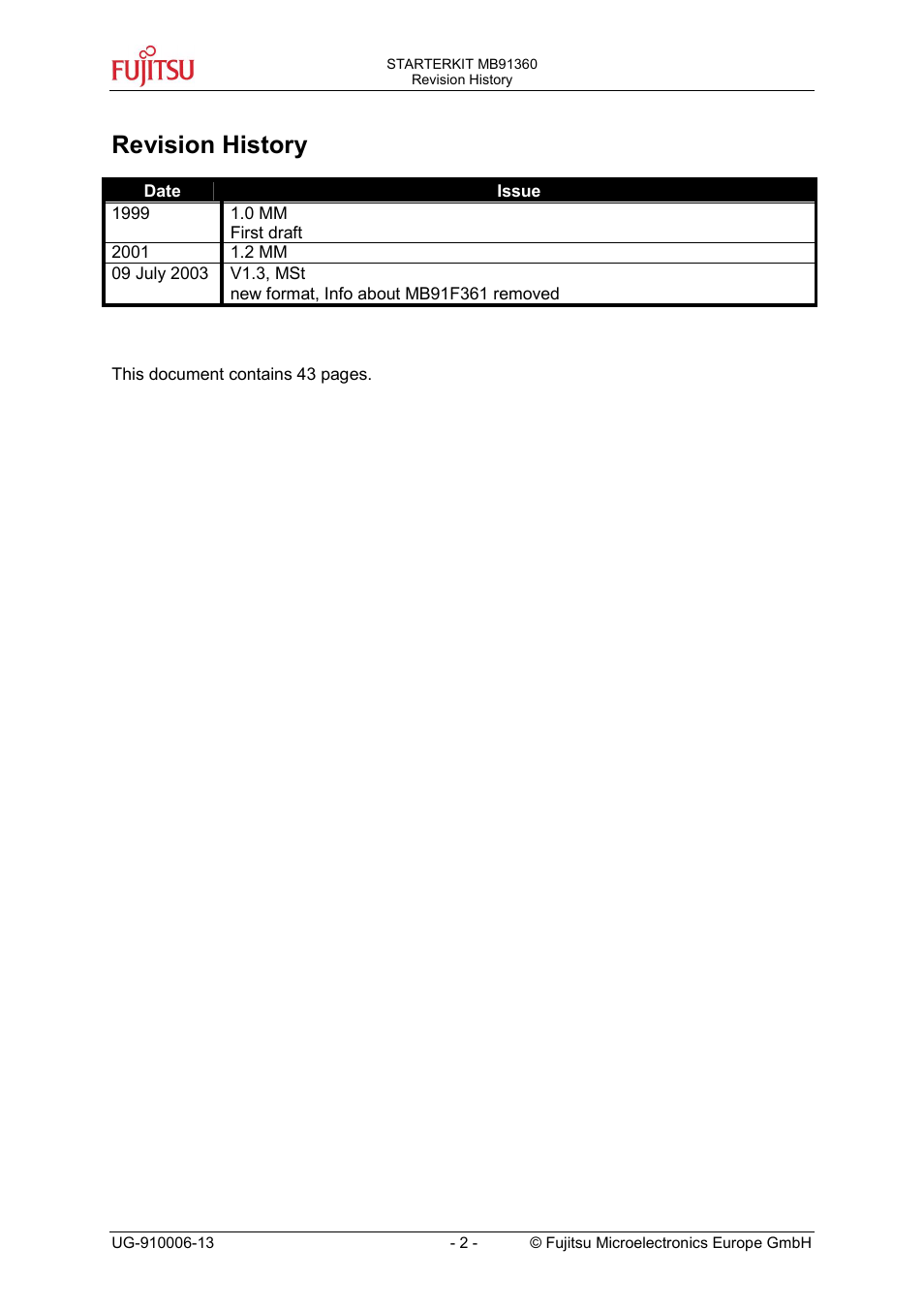 Revision history | FUJITSU MB91360 User Manual | Page 2 / 43