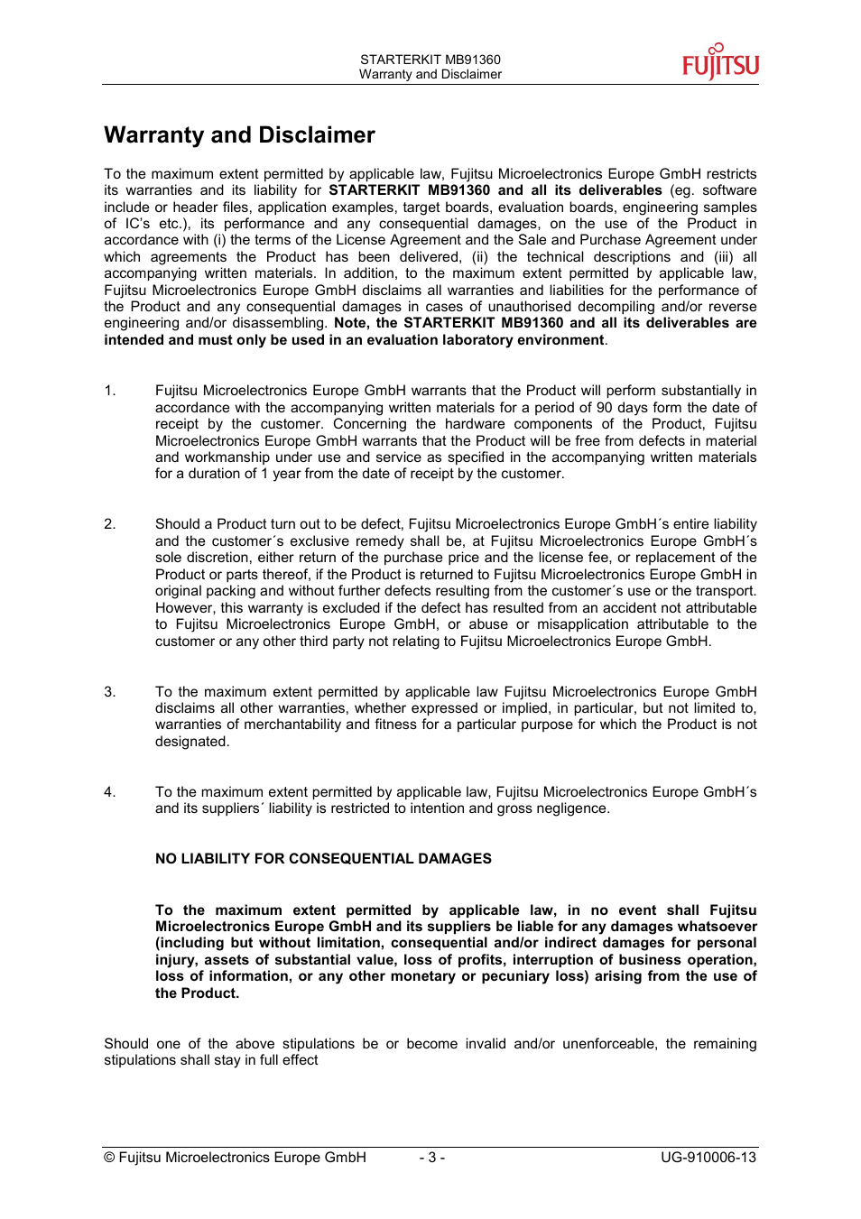 Warranty and disclaimer | FUJITSU MB91360 User Manual | Page 3 / 43