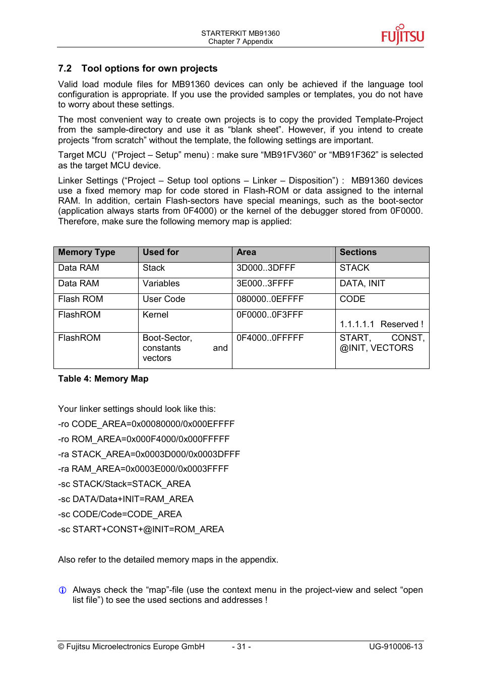 Tool options for own projects, Reserved | FUJITSU MB91360 User Manual | Page 31 / 43