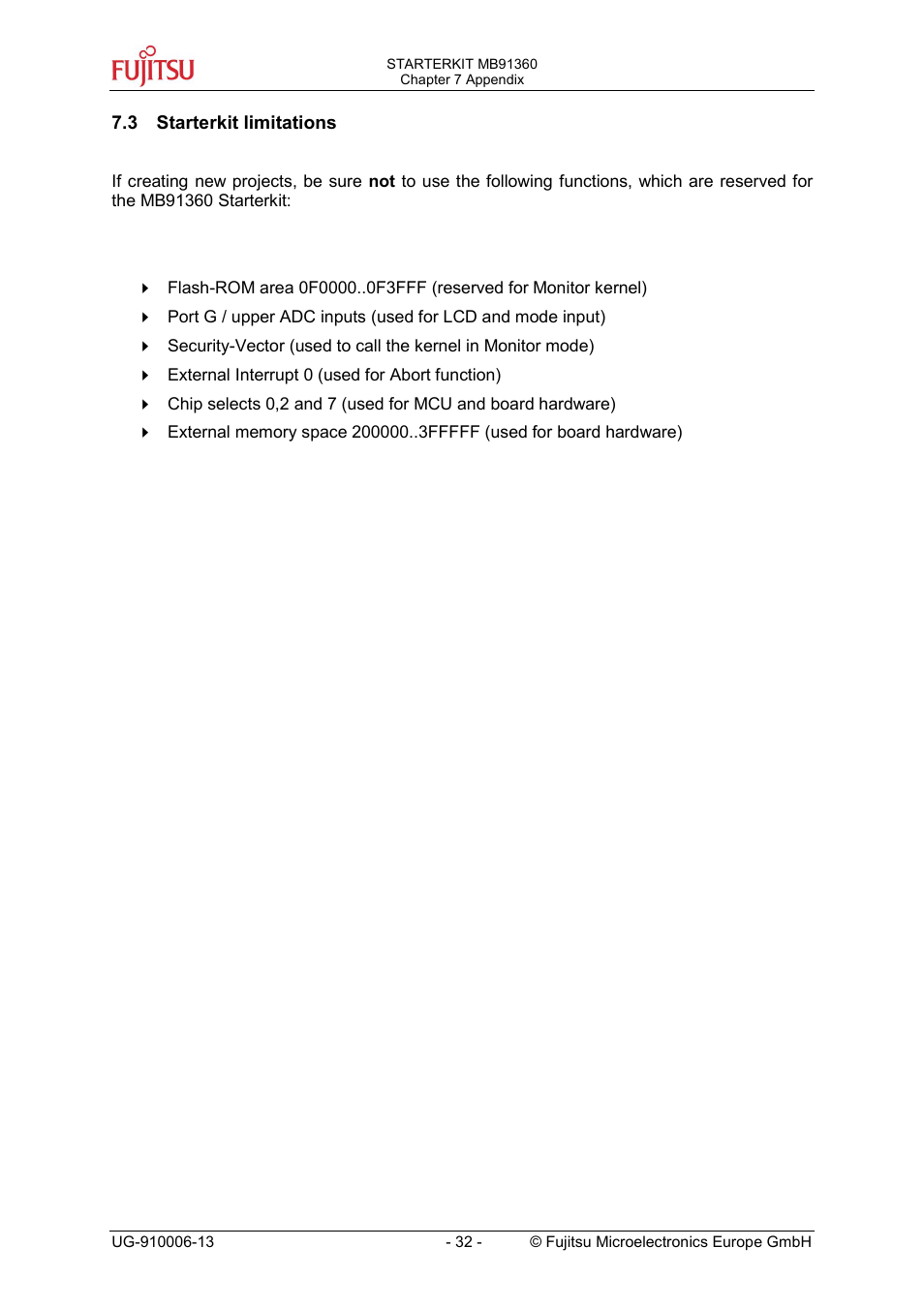 Starterkit limitations | FUJITSU MB91360 User Manual | Page 32 / 43
