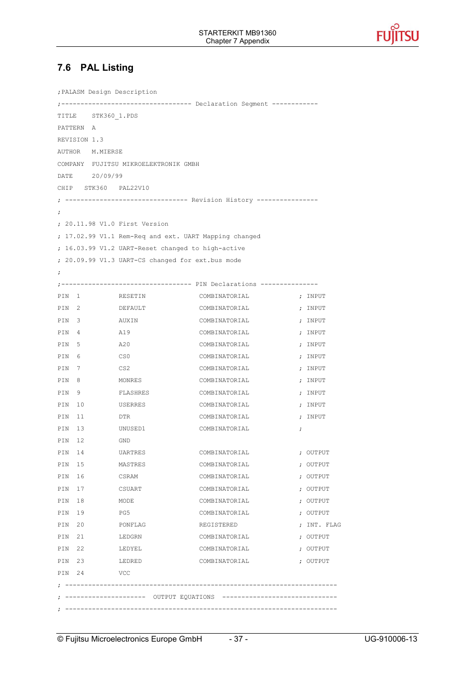 Pal listing, 6 pal listing | FUJITSU MB91360 User Manual | Page 37 / 43