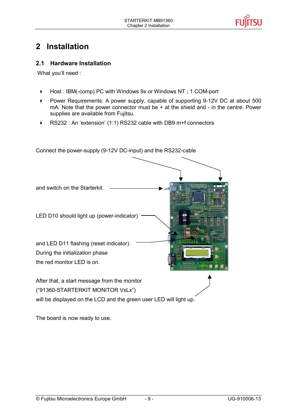 Installation, Hardware installation, 2 installation | FUJITSU MB91360 User Manual | Page 9 / 43