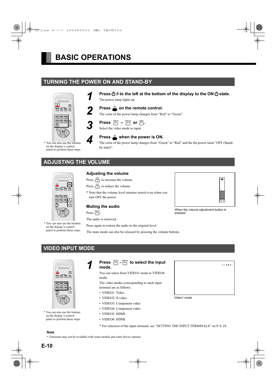 Basic operations, Turning the power on and stand-by, Adjusting the volume | Video input mode, Button, E-10 | FUJITSU P42XHA58E Series User Manual | Page 10 / 32