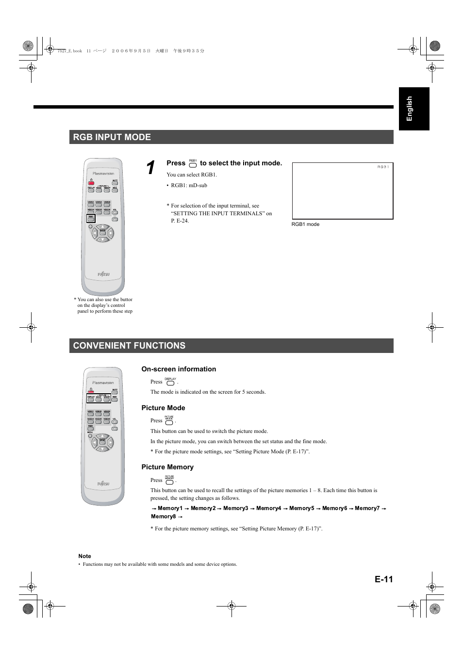 Rgb input mode, Convenient functions, E-11 | Picture mode button) | FUJITSU P42XHA58E Series User Manual | Page 11 / 32