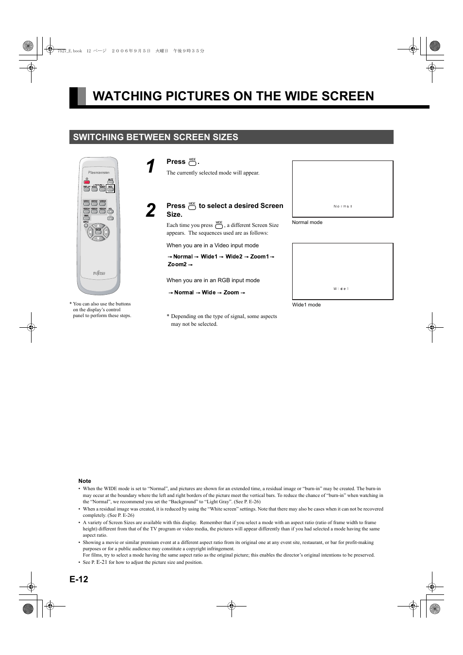 Watching pictures on the wide screen, Switching between screen sizes, Watching pictures on the wide screen ... e-12 | E-12 | FUJITSU P42XHA58E Series User Manual | Page 12 / 32