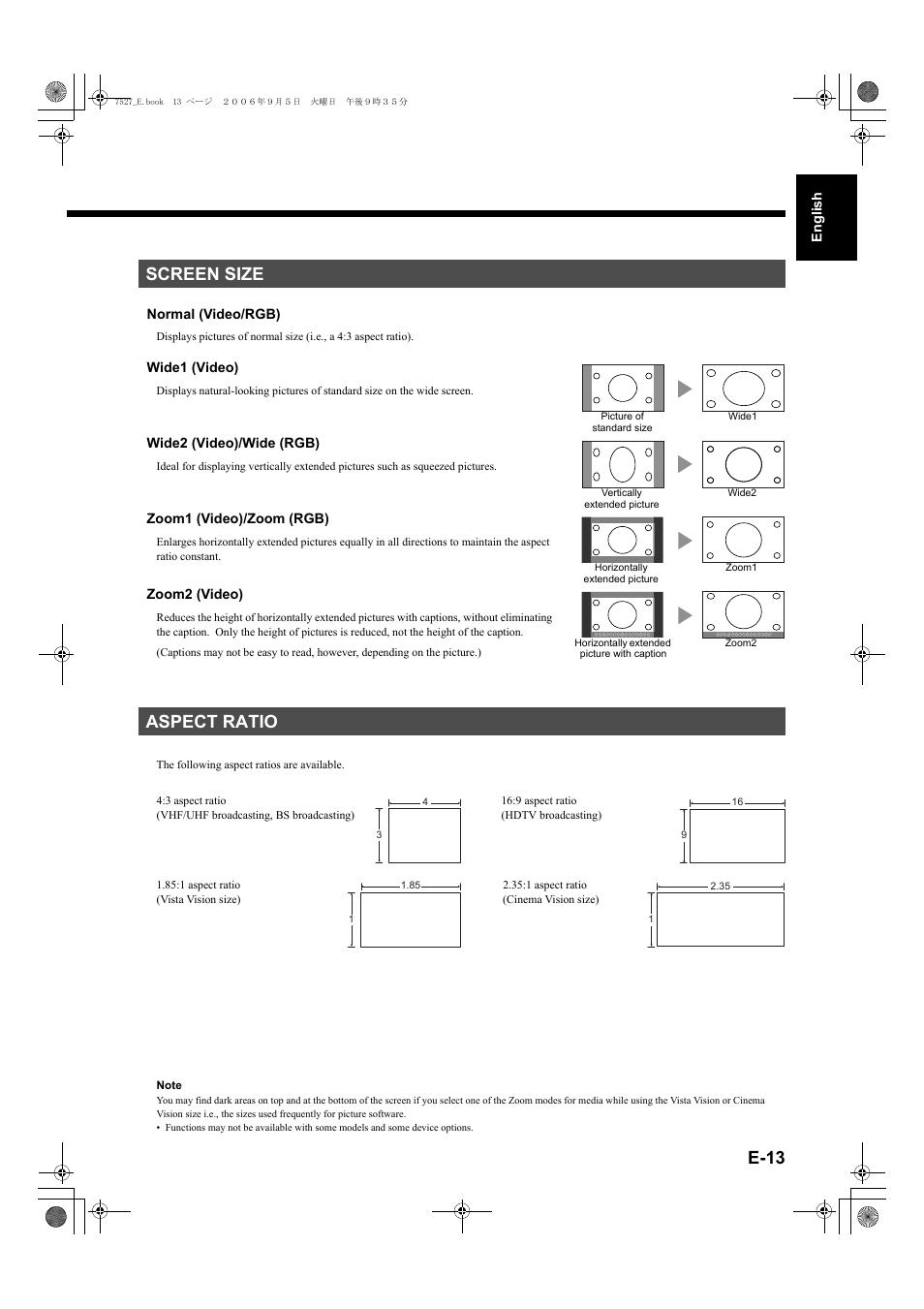 Screen size, Aspect ratio, E-13 | Screen size aspect ratio | FUJITSU P42XHA58E Series User Manual | Page 13 / 32