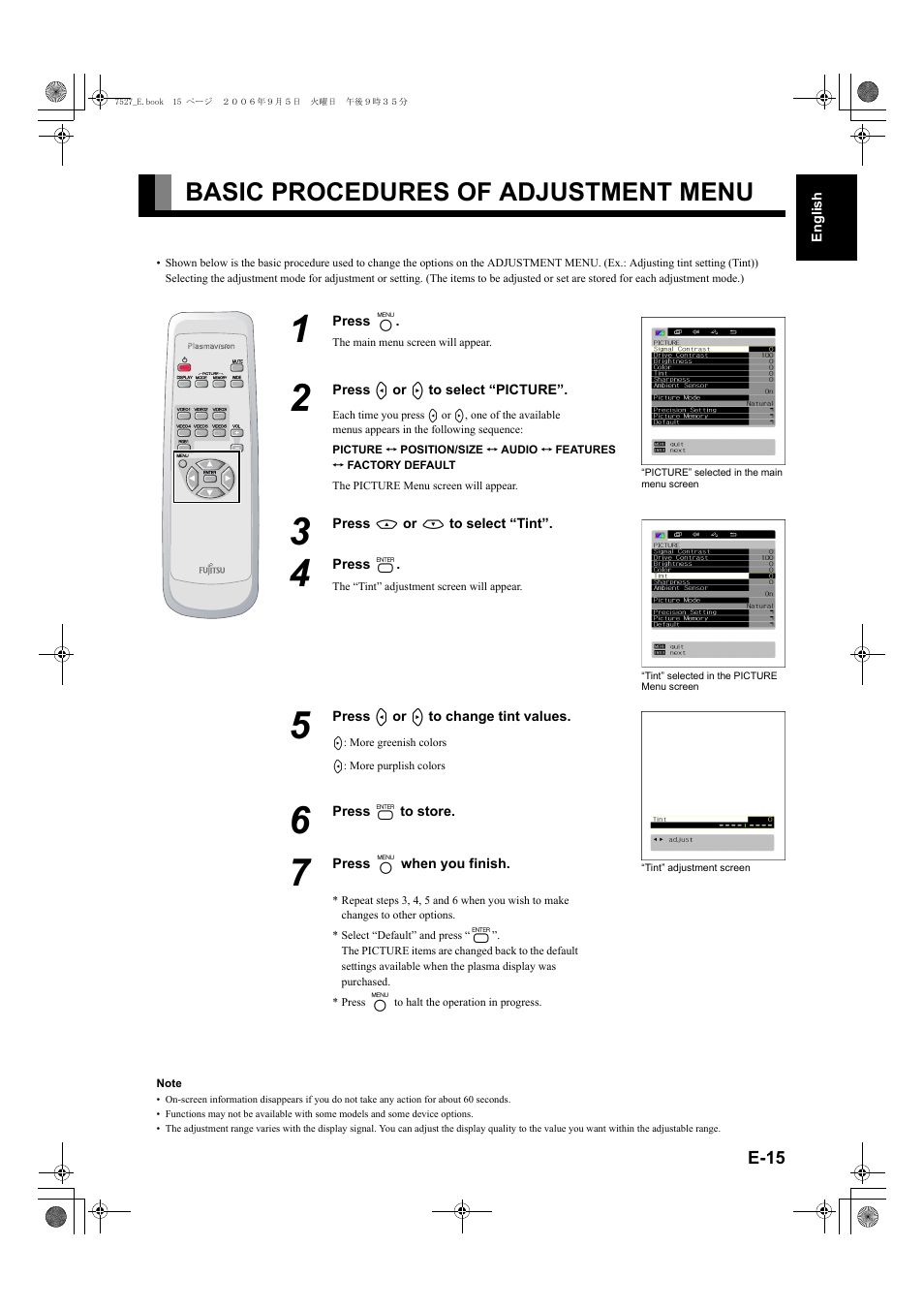 Basic procedures of adjustment menu, Basic procedures of adjustment menu... e-15, Menu button) | E-15–e-2, E-15–e-27, E-15, E-15) | FUJITSU P42XHA58E Series User Manual | Page 15 / 32