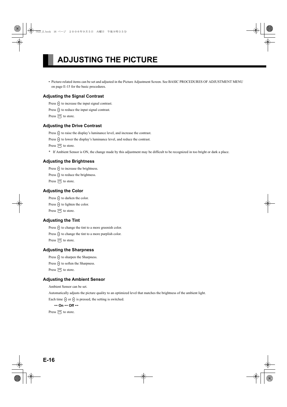 Adjusting the picture, E-16), E-16 | FUJITSU P42XHA58E Series User Manual | Page 16 / 32