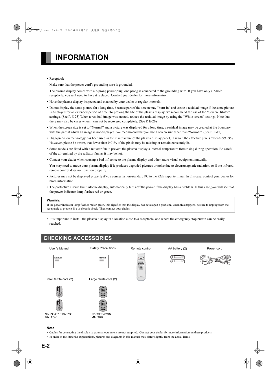 Information, Checking accessories | FUJITSU P42XHA58E Series User Manual | Page 2 / 32