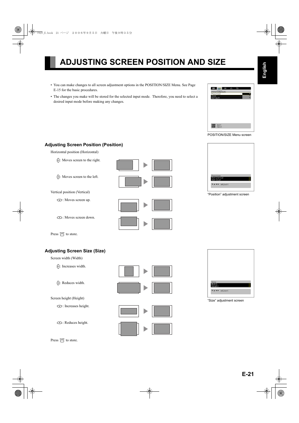 Adjusting screen position and size, Adjusting screen position and size........... e-21, E-21) | E-21 | FUJITSU P42XHA58E Series User Manual | Page 21 / 32