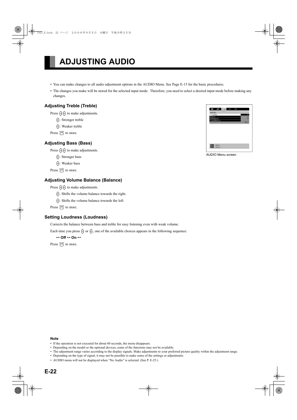 Adjusting audio, E-22), E-22 | FUJITSU P42XHA58E Series User Manual | Page 22 / 32