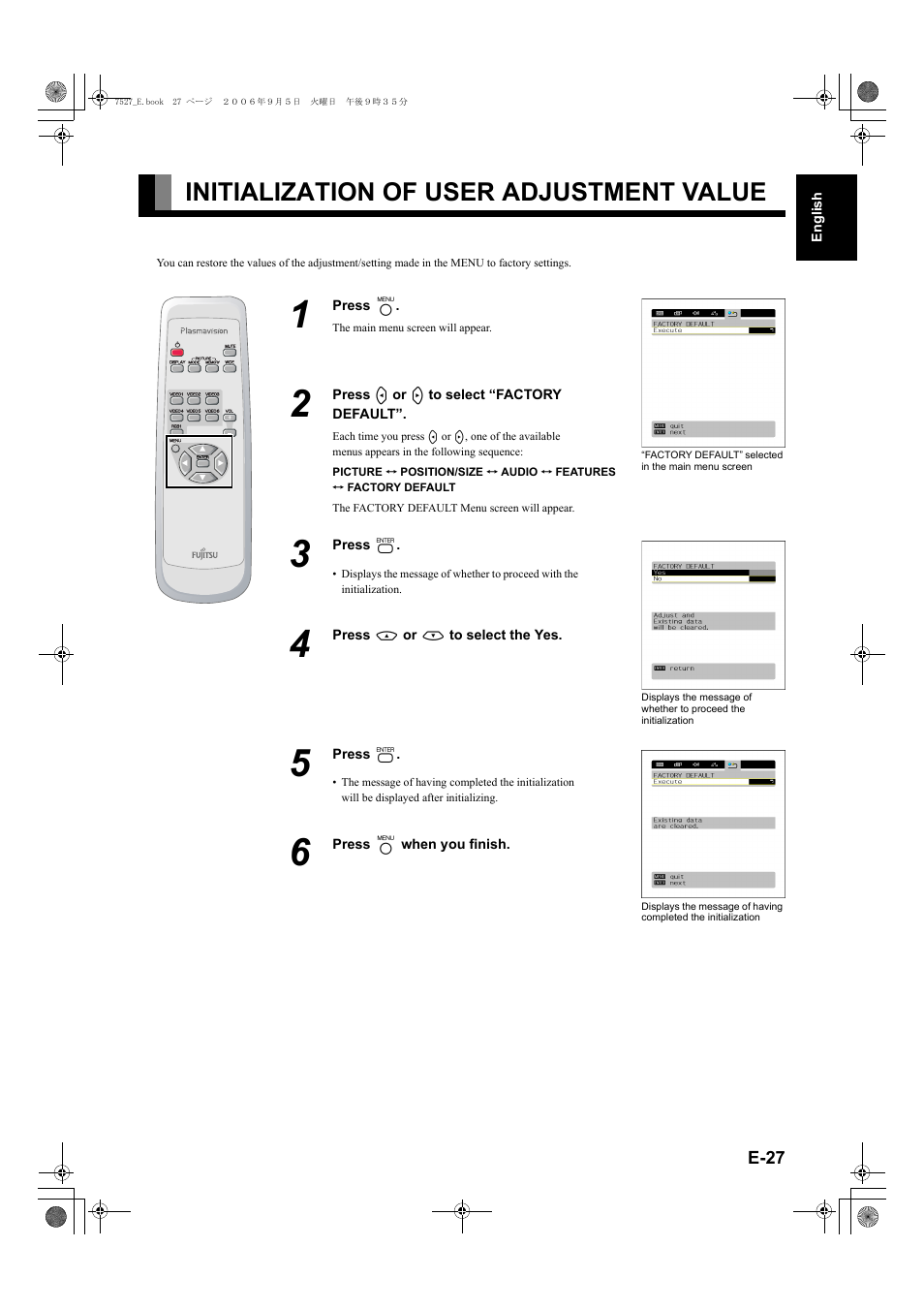 Initialization of user adjustment value, Initialization of user adjustment value.. e-27, E-27 | E-27) | FUJITSU P42XHA58E Series User Manual | Page 27 / 32