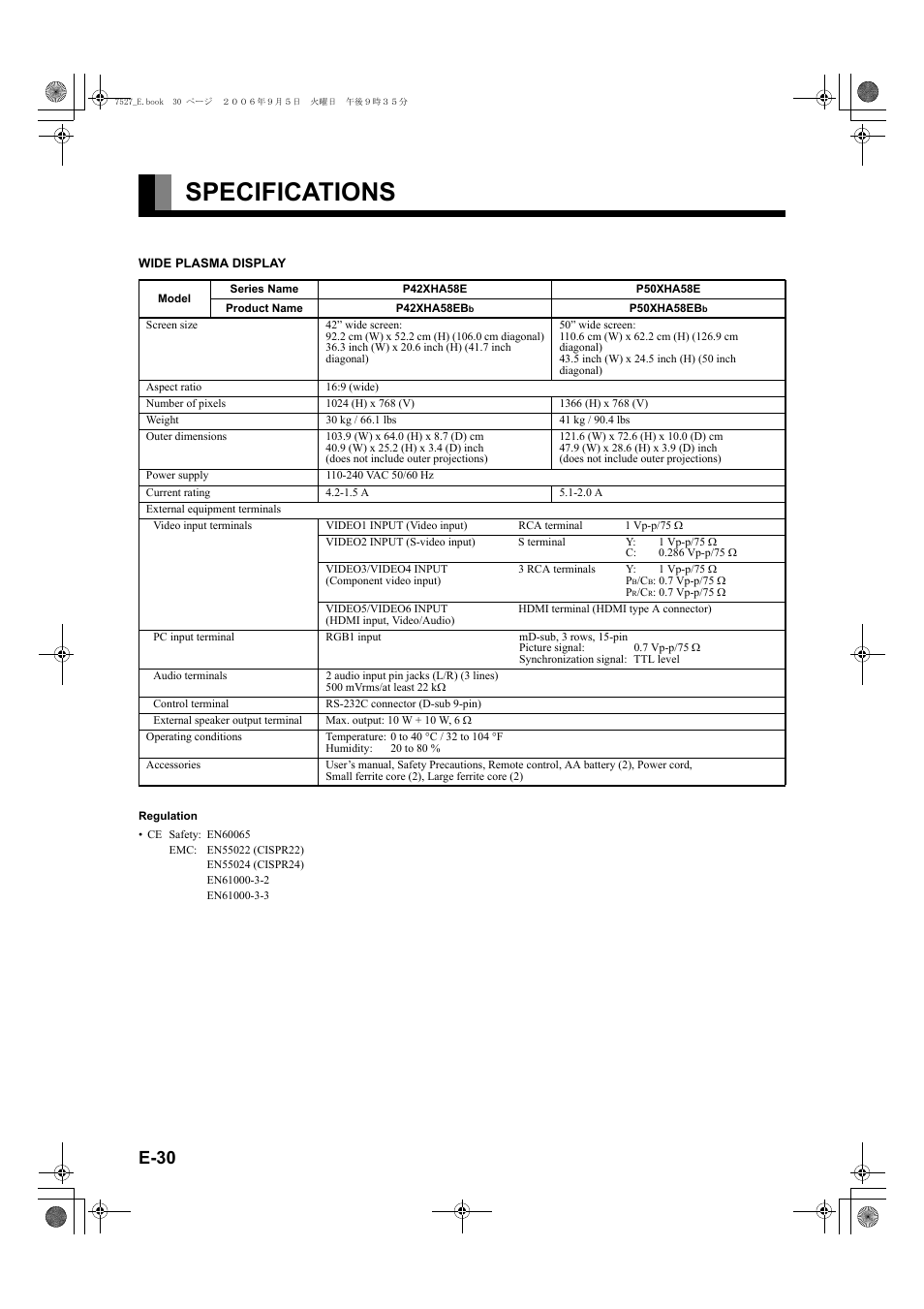 Specifications, E-30 | FUJITSU P42XHA58E Series User Manual | Page 30 / 32