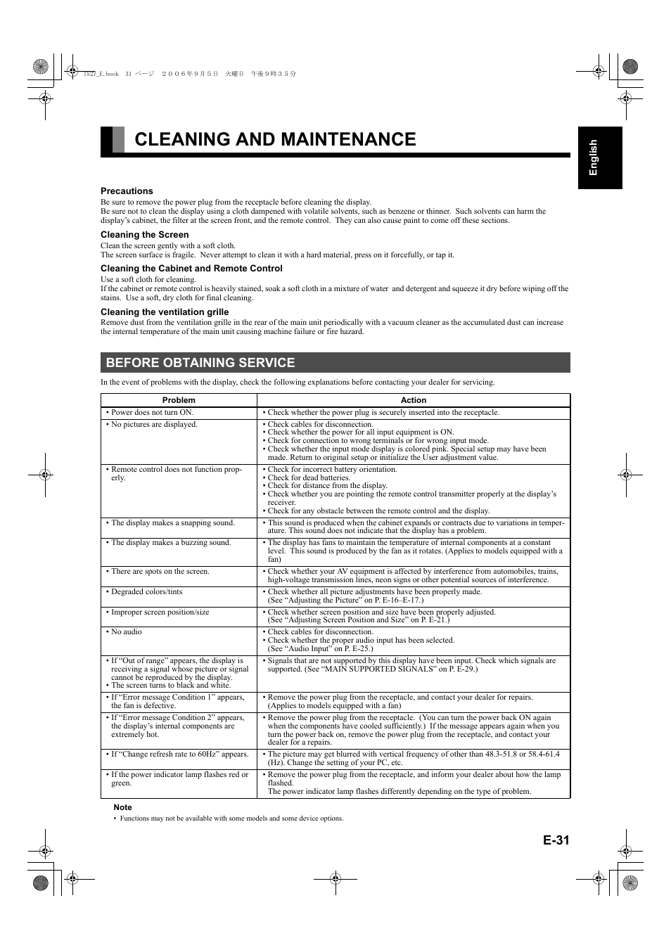 Cleaning and maintenance, Before obtaining service, E-31 | FUJITSU P42XHA58E Series User Manual | Page 31 / 32