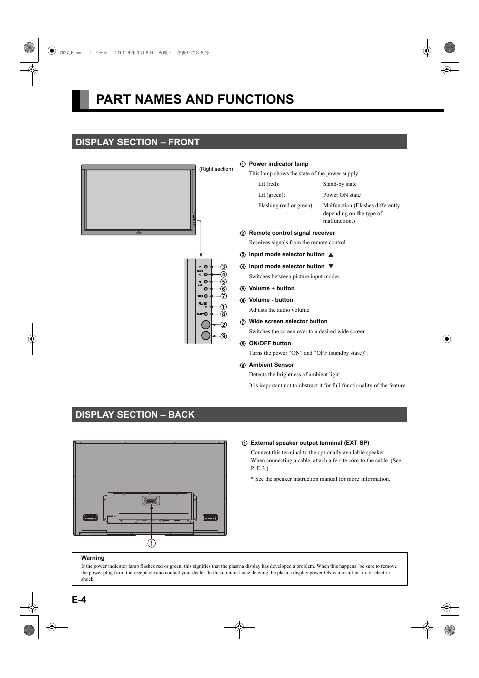 Part names and functions, Display section - front, Display section - back | FUJITSU P42XHA58E Series User Manual | Page 4 / 32