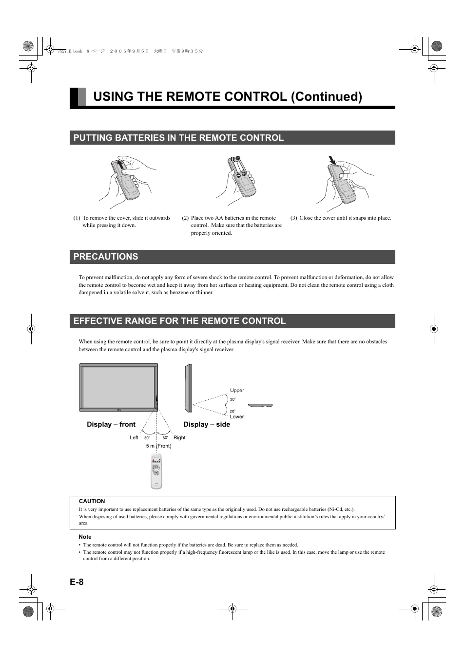 Putting batteries in the remote control, Precautions, Effective range for the remote control | Using the remote control (continued), Precautions effective range for the remote control | FUJITSU P42XHA58E Series User Manual | Page 8 / 32