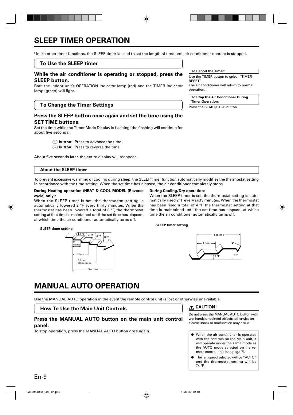 Sleep timer operation, Manual auto operation, En-9 | FUJITSU HALCYON P/N9359944058 User Manual | Page 10 / 18