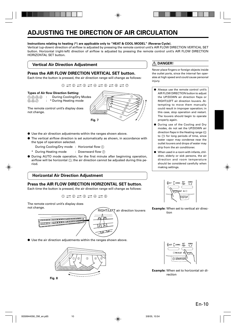 Adjusting the direction of air circulation, En-10 | FUJITSU HALCYON P/N9359944058 User Manual | Page 11 / 18