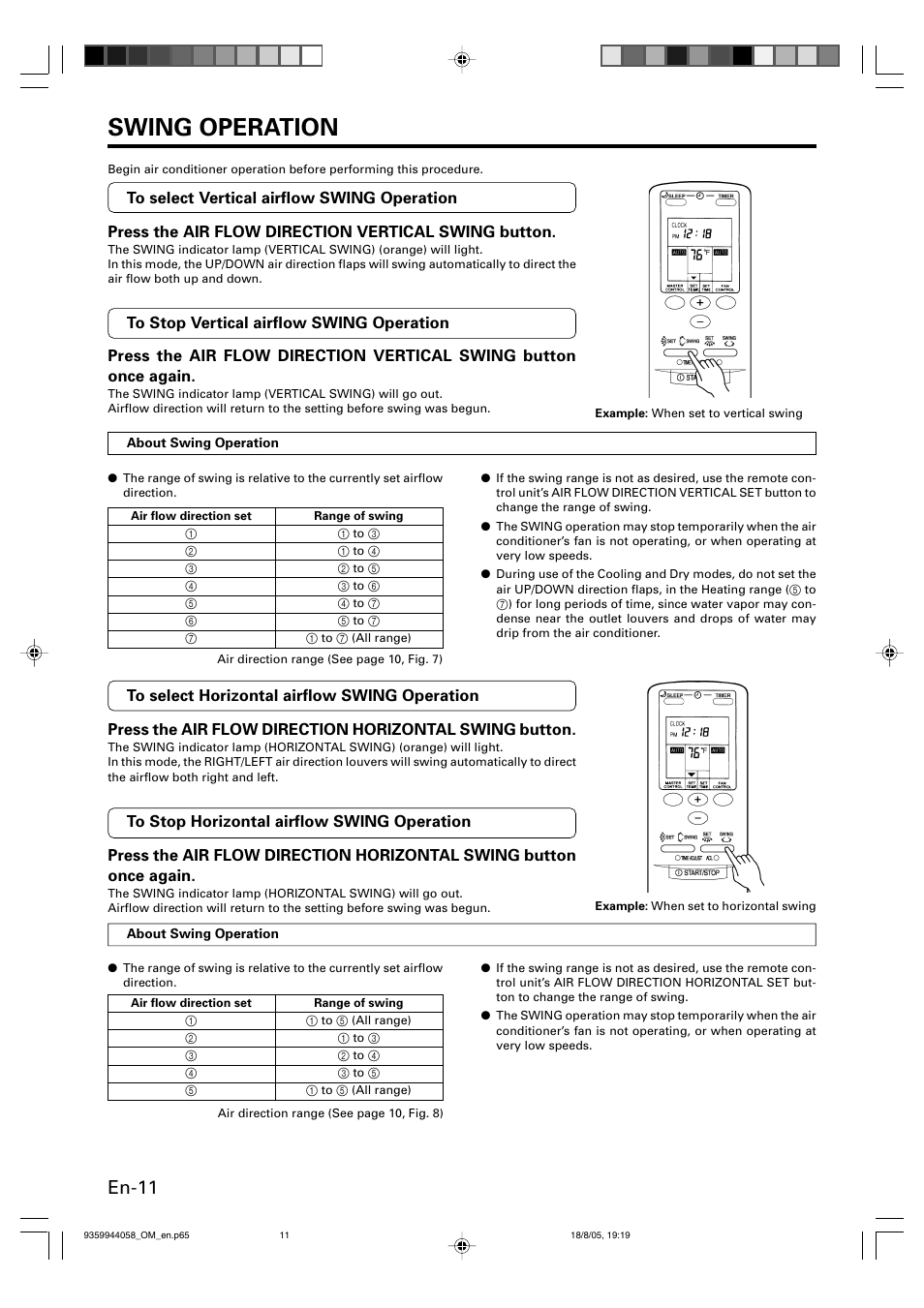 Swing operation, En-11 | FUJITSU HALCYON P/N9359944058 User Manual | Page 12 / 18