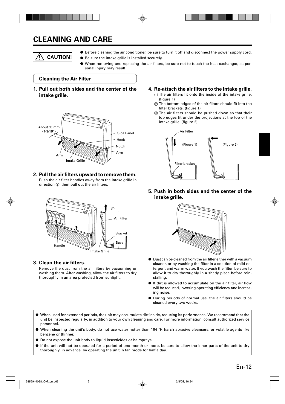 Cleaning and care, En-12, Clean the air filters | Re-attach the air filters to the intake grille | FUJITSU HALCYON P/N9359944058 User Manual | Page 13 / 18