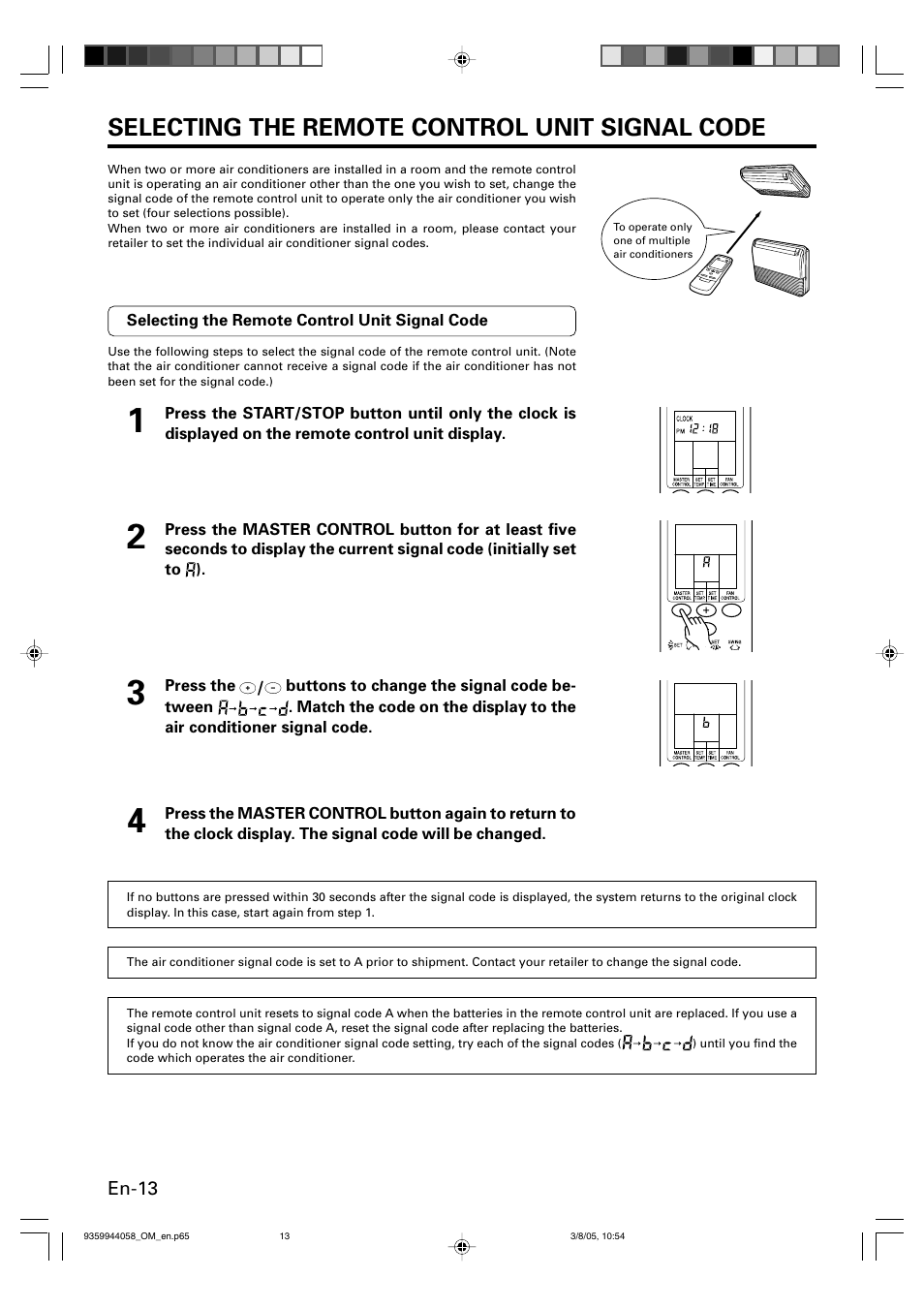 Selecting the remote control unit signal code | FUJITSU HALCYON P/N9359944058 User Manual | Page 14 / 18