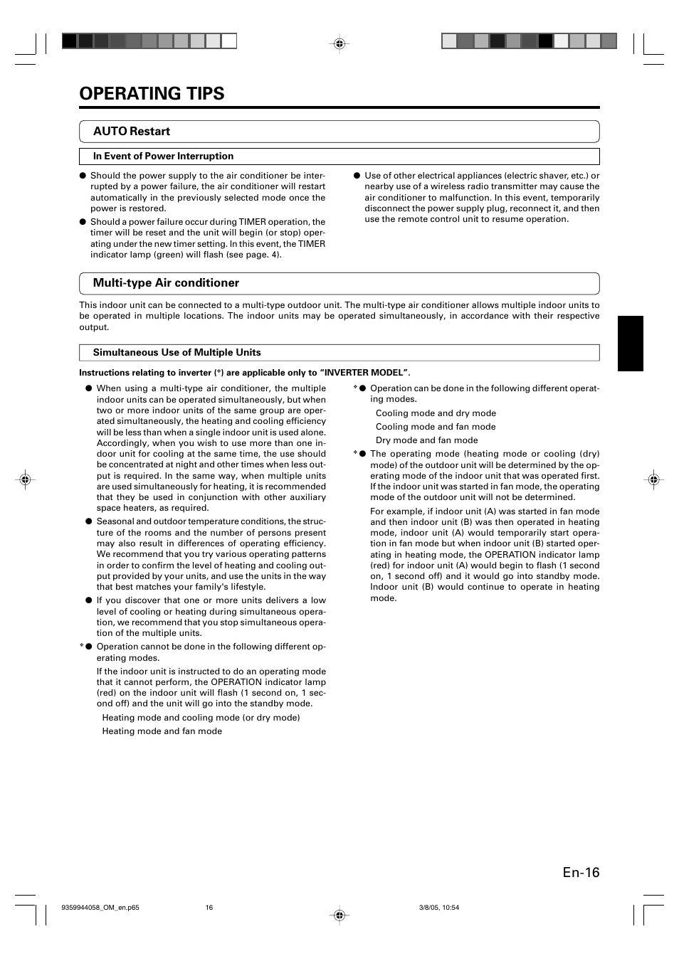 Operating tips, En-16, Auto restart | Multi-type air conditioner | FUJITSU HALCYON P/N9359944058 User Manual | Page 17 / 18
