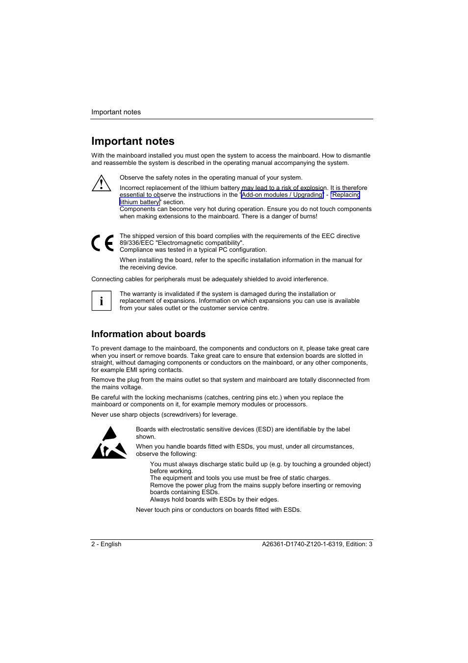 Important notes, Information about boards | FUJITSU answers^2 D1740 User Manual | Page 12 / 43