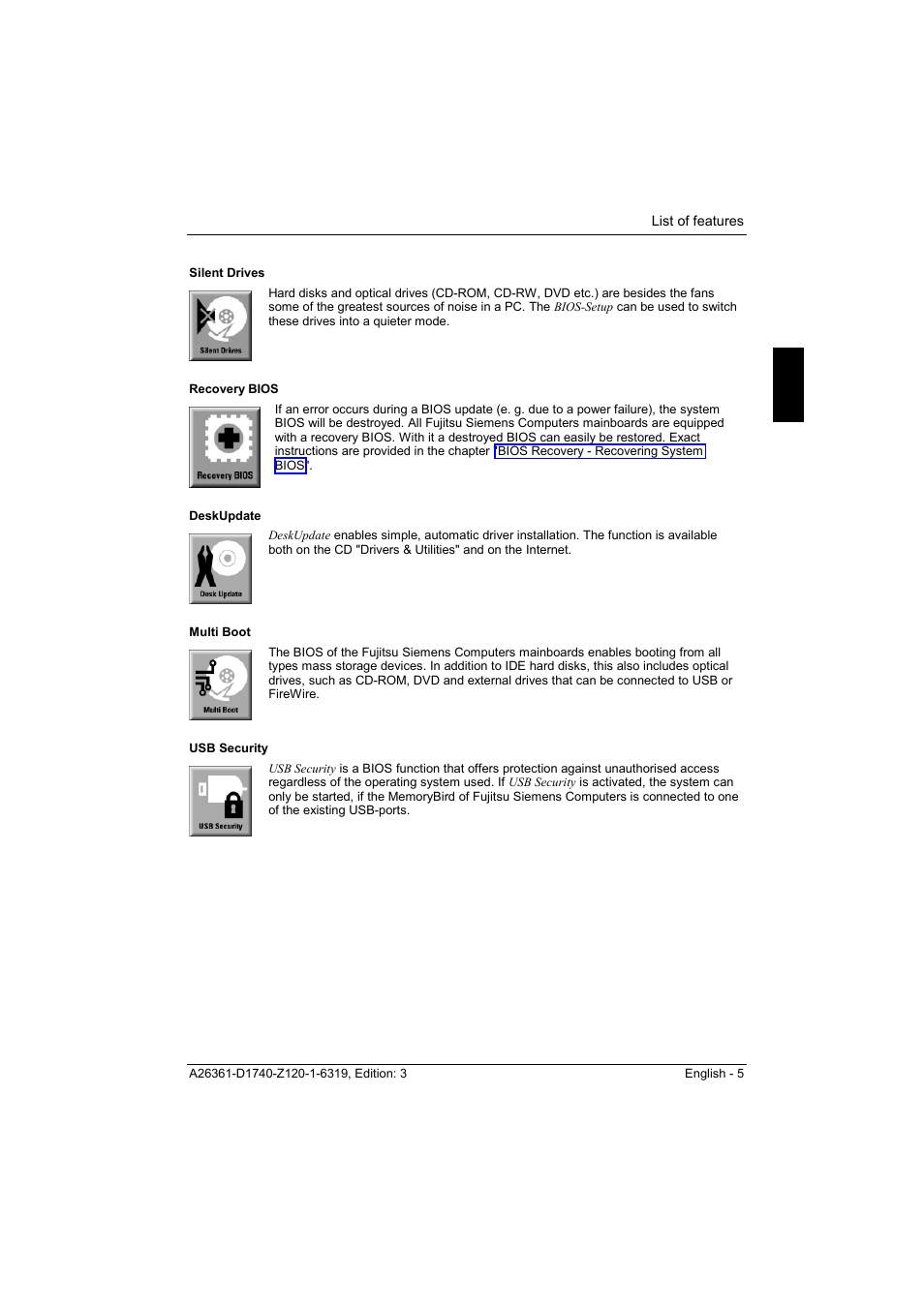 Silent drives, Recovery bios, Deskupdate | Multi boot, Usb security | FUJITSU answers^2 D1740 User Manual | Page 15 / 43