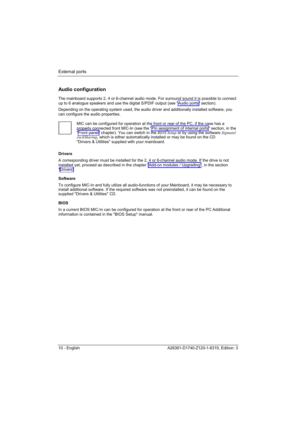 Audio configuration, Drivers, Software | Bios, Ee "audio configuration, He "audio configuration | FUJITSU answers^2 D1740 User Manual | Page 20 / 43