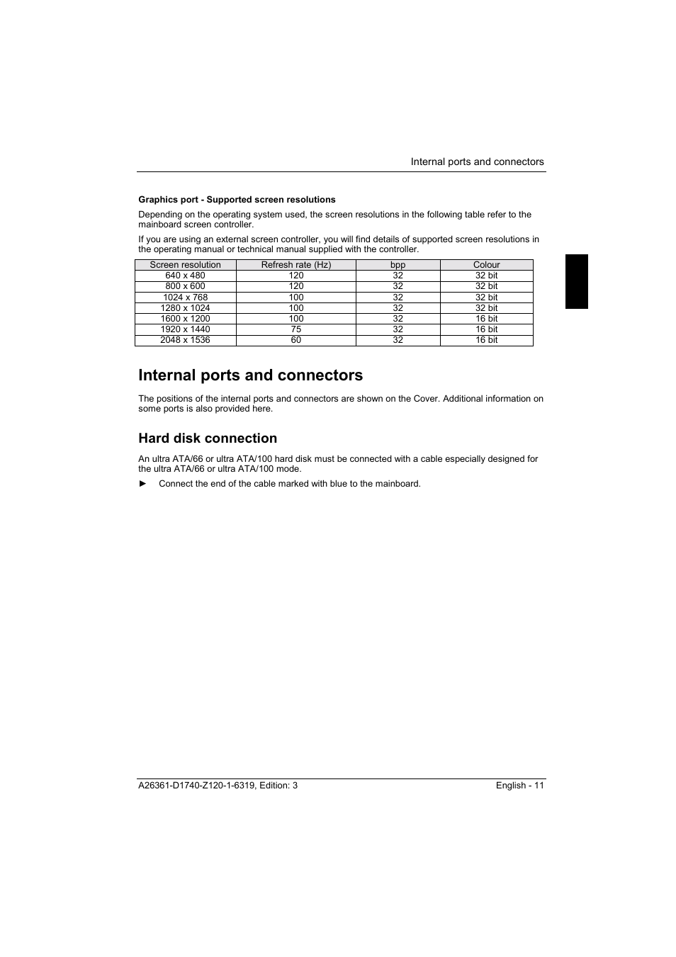 Graphics port - supported screen resolutions, Internal ports and connectors, Hard disk connection | FUJITSU answers^2 D1740 User Manual | Page 21 / 43