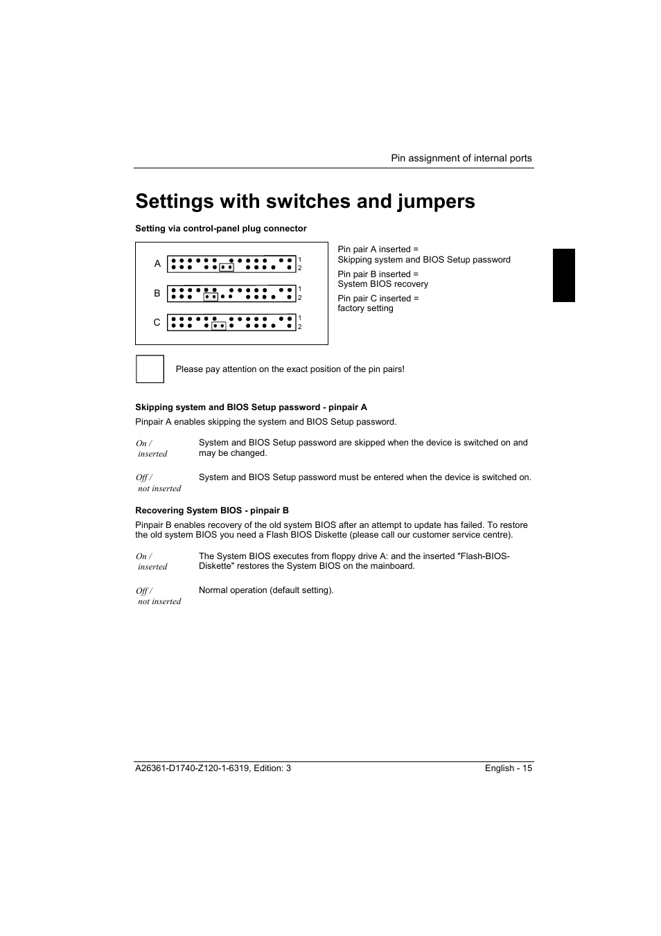 Settings with switches and jumpers, Setting via control-panel plug connector, Recovering system bios - pinpair b | Ed "settings with switches and jumpers, Ee "settings with switches and jumpers | FUJITSU answers^2 D1740 User Manual | Page 25 / 43