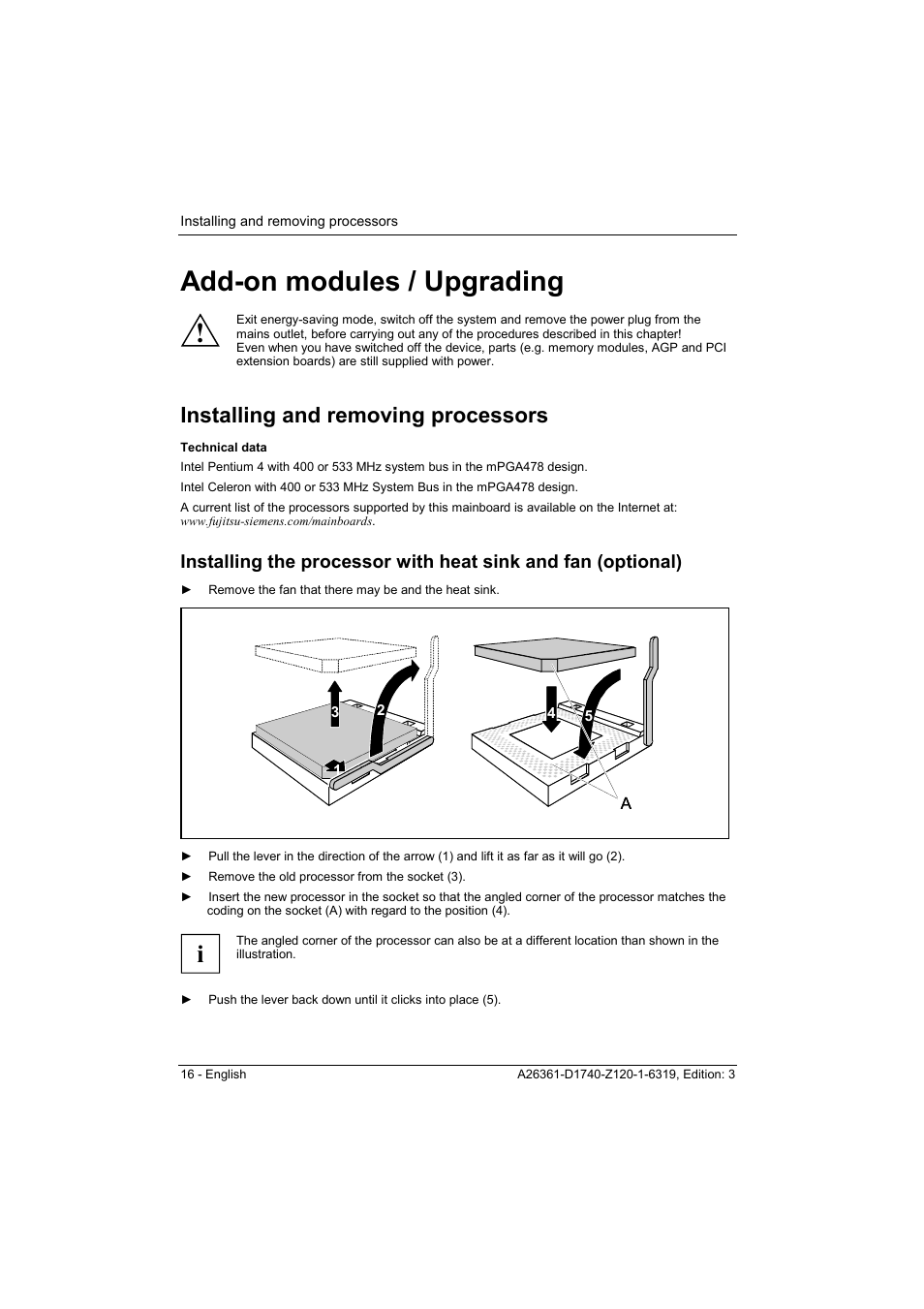 Add-on modules / upgrading, Installing and removing processors, Technical data | Ee "installing and removing processors, Ound in "installing and removing processors" c, Er "add-on modules / upgrading | FUJITSU answers^2 D1740 User Manual | Page 26 / 43