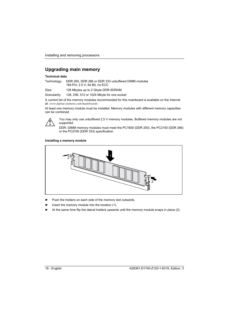 Upgrading main memory, Technical data, Installing a memory module | Ee "upgrading main memory | FUJITSU answers^2 D1740 User Manual | Page 28 / 43
