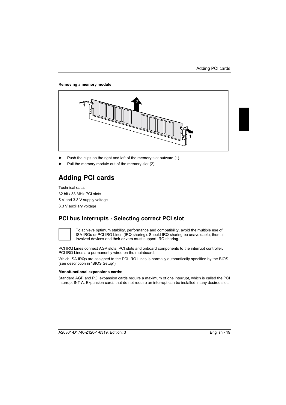 Removing a memory module, Adding pci cards, Pci bus interrupts - selecting correct pci slot | Monofunctional expansions cards | FUJITSU answers^2 D1740 User Manual | Page 29 / 43