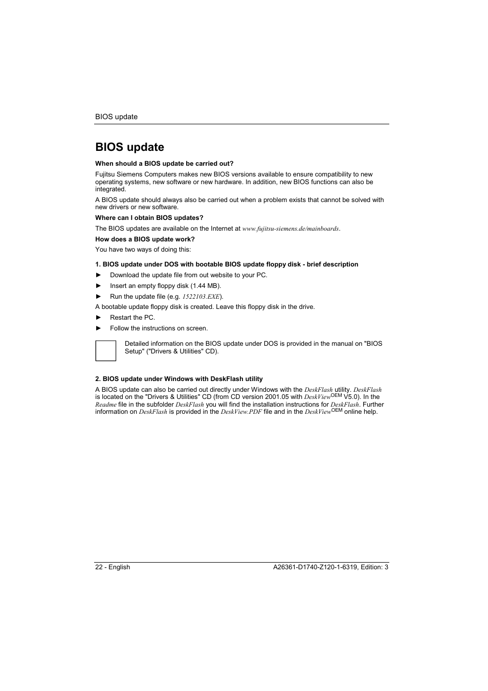 Bios update, Bios update under windows with deskflash utility | FUJITSU answers^2 D1740 User Manual | Page 32 / 43