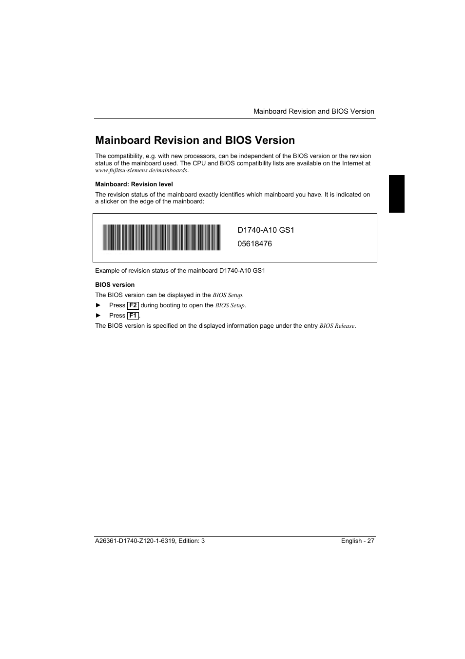Mainboard revision and bios version, Mainboard: revision level, Bios version | FUJITSU answers^2 D1740 User Manual | Page 37 / 43